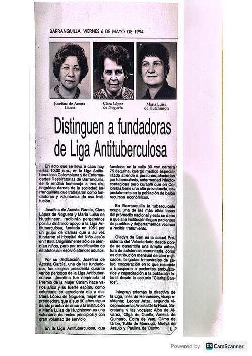 Recorte de prensa, 1994: homenaje a fundadoras de la Liga Antituberculosa