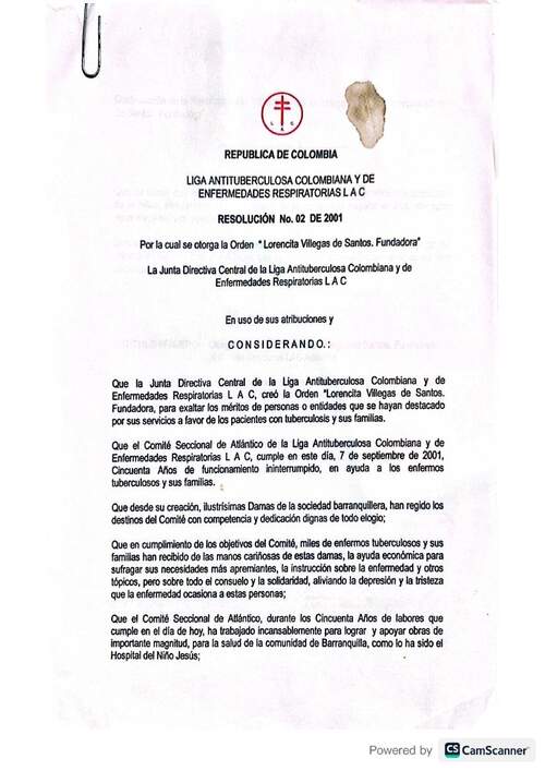 Resolución No. 02 de 2001, Orden Lorencita Villegas de Santos - Fundadora